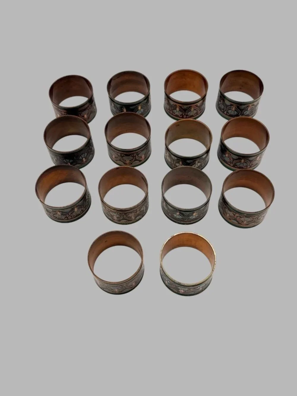 Pier 1 Imports Set of 14 Hand Painted Copper & Enamel Floral Napkin Rings 1.75
